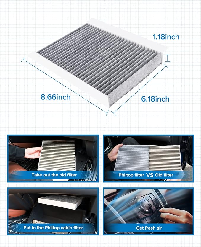 PHILTOP Cabin Air Filter, Replacement for CF11810, 500L, 500X, Compass, Renegade, Premium ACF075 Cabin Filter with Activated Carbon Clean Airflow, Filter Up Dust Pollen