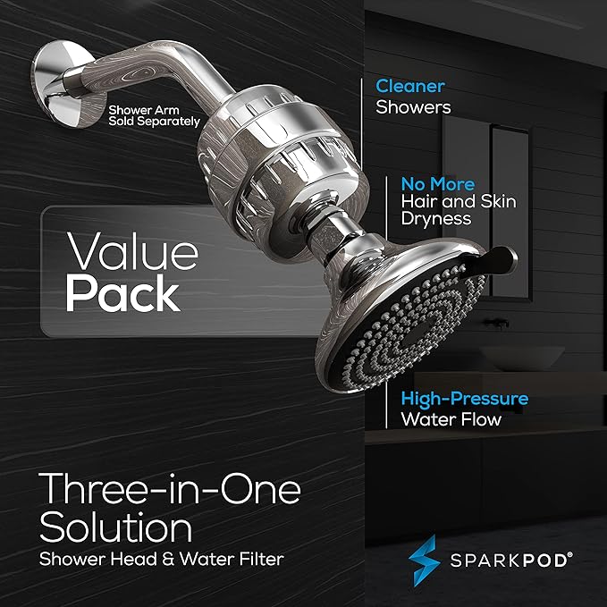 SparkPod 23-Stage Filtered Shower Head with 3 Spray Settings - High Pressure Shower Head with Filters for Dry Hair and Skin - Showerhead with Filter Reduces Chlorine & Heavy Metals (Polished Chrome)