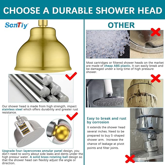 SonTiy Filtered Shower Head, All Metal Shower Filter Head For Hard Water Removes Chlorine, Improve Hair,Nails & Skin, Adjustable High Pressure Water Softener Showerhead, 6 Inch, Gold
