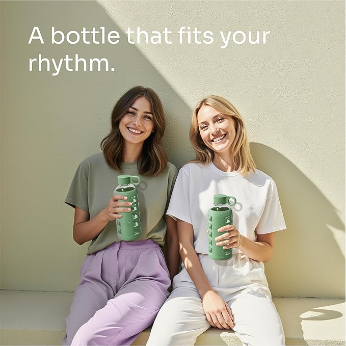 purifyou 40oz / 32oz / 22oz / 12oz Borosilicate Glass Water Bottle with Time & Volume Markers, Silicone Sleeve, Stainless Steel Lid | Reusable Glass Bottle for Water & Juice (22oz Shale Green)
