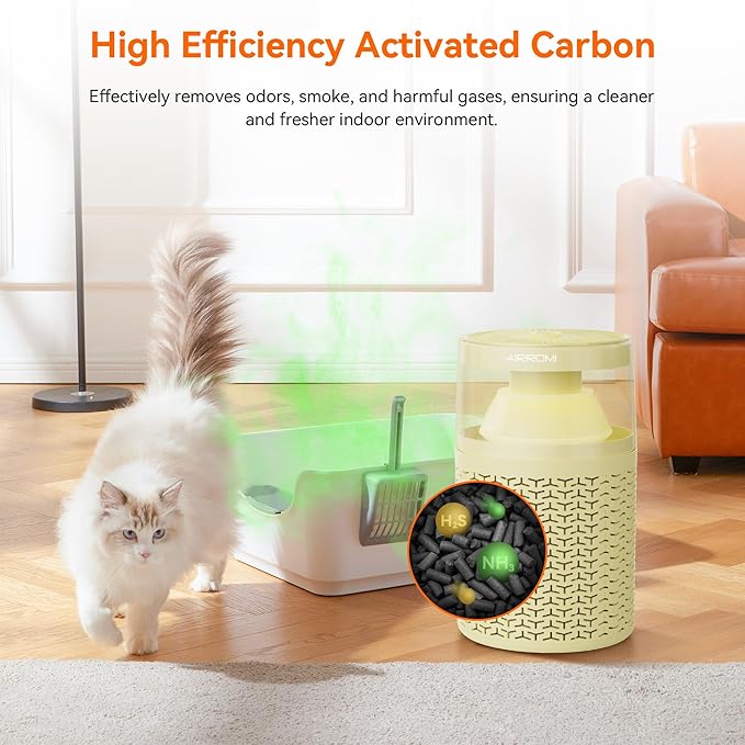 AIRROMI Pet Air Purifier for Home Bedroom Covers 658 Ft²,with Activated Carbon Filter,Aromatherapy,Nightlight, and Quiet 360°Intake Tackles,Filters Smoke,Pet Hair,Dander,Allergies,Odors,A2002 Yellow