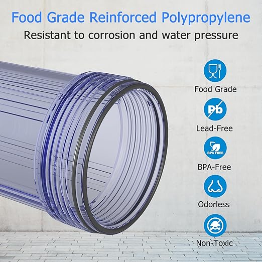 WHT20 Whole House Water Filter Housing, Fit 20"x4.5" Sediment etc Filters for Well and City Water, Big Filter Blue Pre-Filtration System for Home, 1" NPT Port, Pressure Release (Clear Housing)