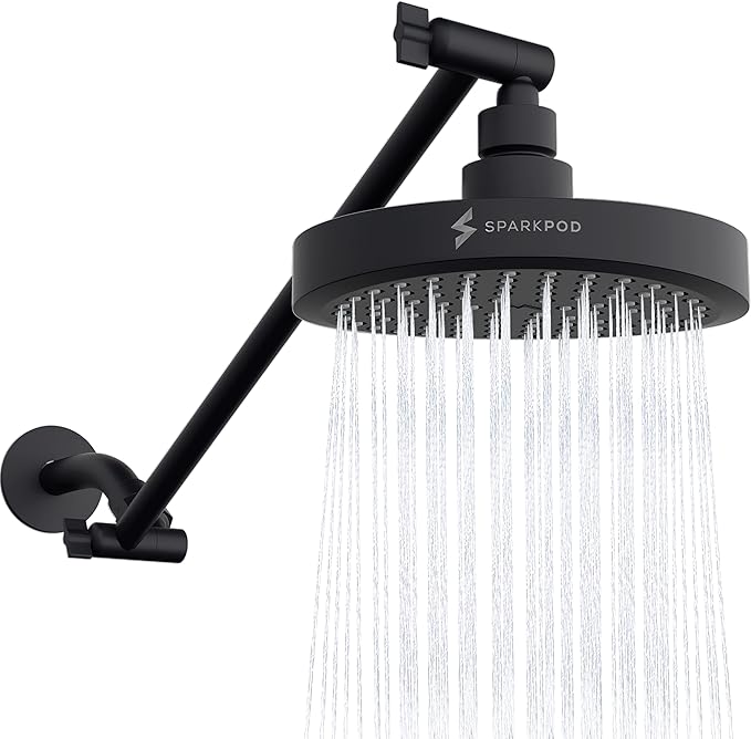 SparkPod Round Rain Shower Head with Shower Head Extension Arm - High Pressure Rain - Luxury Modern Look - No Hassle Tool-less 1-Min Installation (16" Shower Arm Extension, Midnight Black Matte)