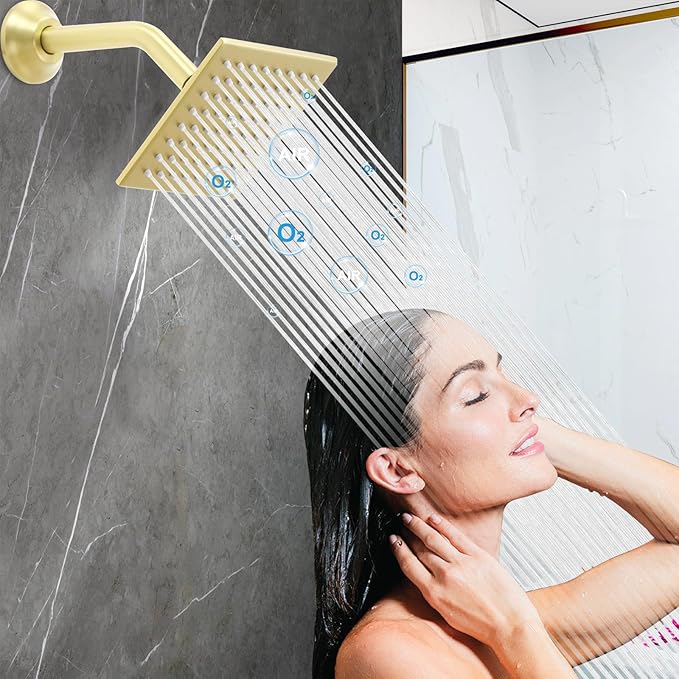 6 Inch Square Shower Head Stainless Steel High Pressure Rain Shower Heads with Extension Arm Adjustable Angle Replacement Luxury Shower Head for Modern Bathroom (Square, Brushed Gold)