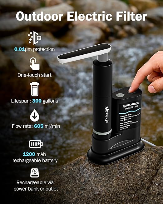 Frizzlife Electric Water Filter Camping, 0.01μm Ultrafiltration Portable Water Filter, Rechargeable Water Purifier for Camping, Survival, Backpacking, Hiking & Emergency, EF1200