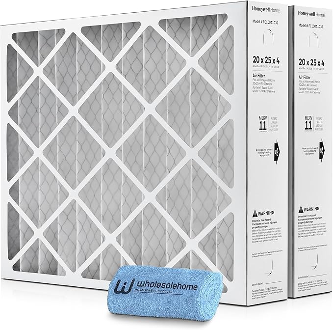 Honeywell 20x25x4 Air Filter Replacement MERV 11, FC100A1037 Pleated HVAC AC Furnace Filters with Wholesalehome Cleaning Cloth, 2-Pack (Actual Size: 19.94 x 24.88 x 4.38 Inches)