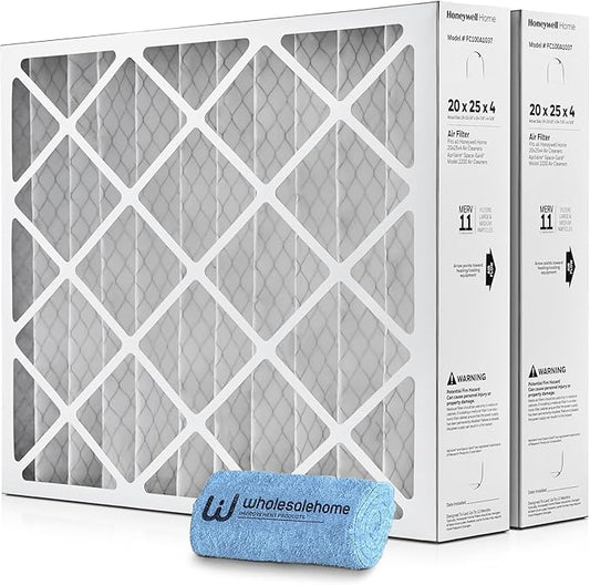 Honeywell 20x25x4 Air Filter Replacement MERV 11, FC100A1037 Pleated HVAC AC Furnace Filters with Wholesalehome Cleaning Cloth, 2-Pack (Actual Size: 19.94 x 24.88 x 4.38 Inches)