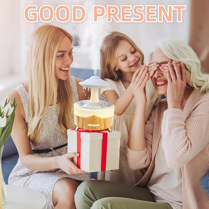 Cloud Raindrop Humidifier, 100-240V 7 Colors Lights Air Humidifier with Remote Control, Timing Essential Oil Mushroom Humidifier for Family/Bedroom/Office