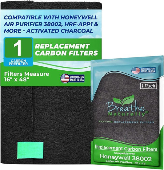 Breathe Naturally Replacement Filters Compatible with Honeywell Air Purifier 38002, HRF-APP1 & More - Activated Charcoal Prefilter - Made in USA - 16" x 48" x 0.2" (Pack of 1 Carbon Prefilters)