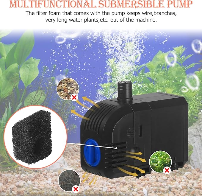 TARARIUM Submersible Pump 160GPH Small Fountain Water Pump 8W for Aquarium Fish Tank, Pond, Fountain, Hydroponics （600L/H）