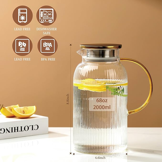 2 PACK Glass Pitcher with Lid and Handle,68 oz/ 2 Liter Vertical Stripes Water Pitcher,Glass Water Carafe for Fridge,Hand Blown Heat Resistant Borosilicate Water Jug for Hot/Cold Drinks,Gifts