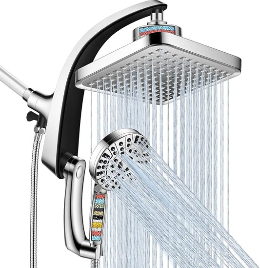 Filtered Shower Head with Handheld,2-IN-1 High Pressure Rain Shower Heads with 10-Setting Handheld Spray Combo,Water Softener Filters Beads for Hard Water - Remove Chlorine - Reduces Dry