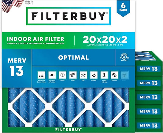 Filterbuy 20x20x2 Air Filter MERV 13 (MPR 1900) Health Defense Replacement (6-Pack), Electrostatic Pleated HVAC AC Furnace Filters, Made in USA (Actual Size: 19.50 x 19.50 x 1.75)