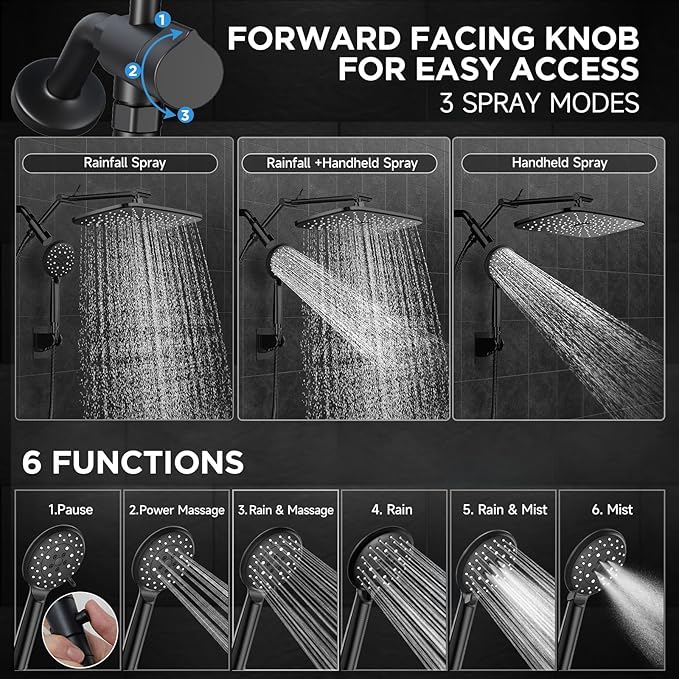 Veken Wide Rain Shower Head with Multi-Modes Handheld Water Spray,High Pressure Showerhead Combo with Arm for Bathroom Accessories,Home Decor Adjustable Dual Shower with Anti-Clog Nozzles,Matte Black