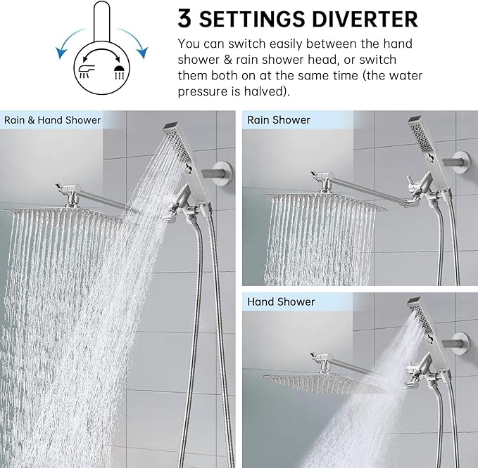 G-Promise All Metal 12 Inch Dual Square Shower Head with Handheld Spray Combo, Rain Shower Head, Adjustable Extension Arm, 3-Way Diverter, 71 Inch Extra Long Hose - A Bathroom Upgrade(Brushed Nickel)