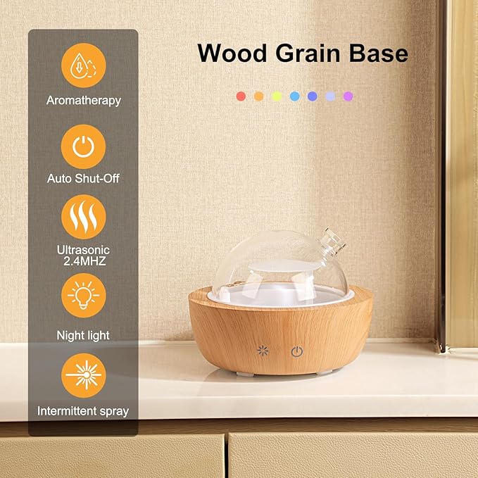 Glass Essential Oil Diffusers for Home, Wood Grain Base Humidifier, Decorative Bedroom Aromatherapy Scent Air Diffuser Ultrasonic Aroma Defusers 200ml（with 3Pcs Essential Oils）