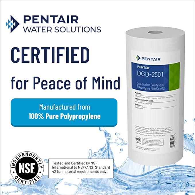 Pentair Pentek DGD-2501 Big Blue Water Filter, 10-Inch Whole House Sediment Filter Cartridge Replacement, Dual-Gradient Density Spun Polypropylene, 10" x 4.5", 1 Micron, Pack of 8