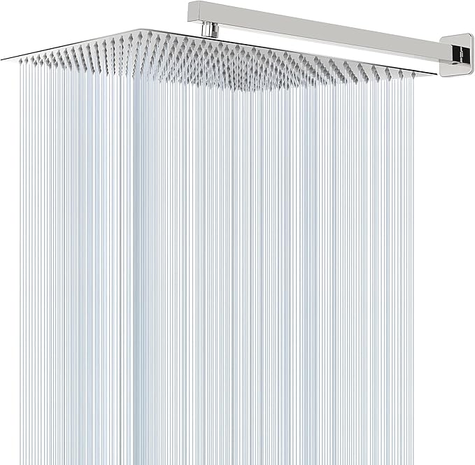 HarJue Shower Head with Extension Arm, High Pressure Square with ShowerArm, Stainless Steel Rainfall-Waterfall Full Body Coverage (16'' Shower with 20'' Arm, Chrome)