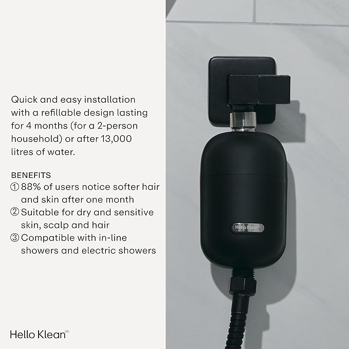 Shower Filter in Black - Filter Unwanted Metals, Chlorine & Impurities Found in Shower Water - Improves Quality of Skin & Hair - Quick Easy Install For In-Line & Electric Shower