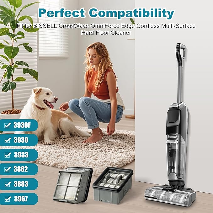 3930F 3882 HEPA Filter Replacement Compatible with Bissell CrossWave OmniForce Edge Cordless Multi-Surface Hard Floor Cleaner Wet Dry Vacuum, 4 Bissell FreshStart Filters for Select CrossWave, 1640066