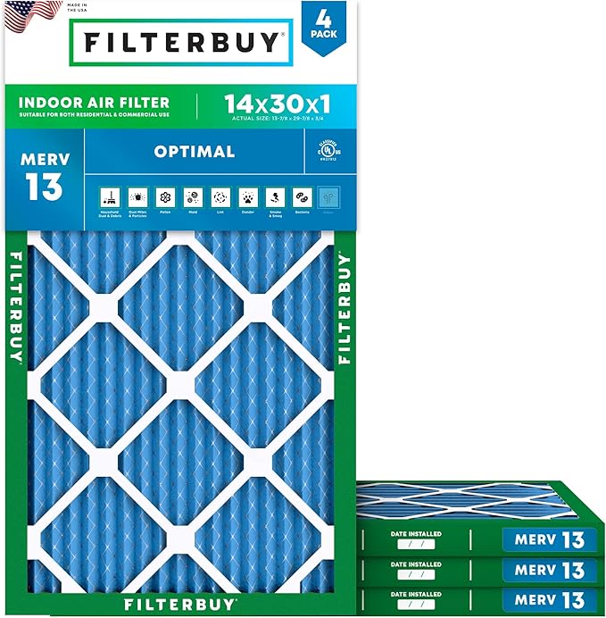 Filterbuy 14x30x1 Air Filter MERV 13 (MPR 1900) Health Defense Replacement (4-Pack), Electrostatic Pleated HVAC AC Furnace Filters, Made in USA (Actual Size: 13.88 x 29.88 x 0.75)
