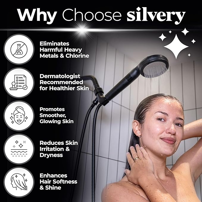 Silvery High Pressure Filtered Shower Head - Dermatologist-Approved Clean Water with Silvery Technology™ Filter - Showerhead Removes Impurities for Healthier Skin, Hair, Scalp (Handheld Showerhead)