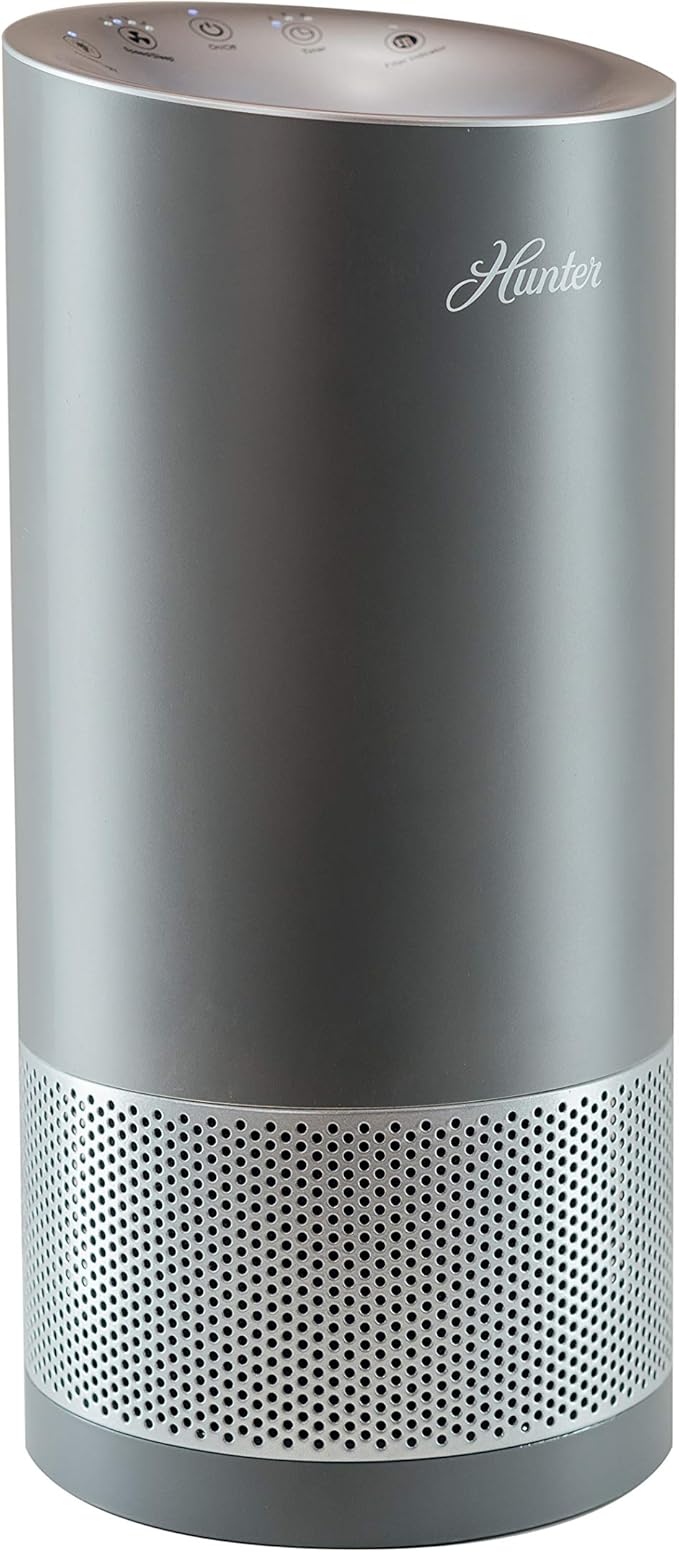 Hunter Fan Company HP400 Round Tower Air Purifier for Small Rooms, Featuring True HEPA Filtration and EcoSilver® Pre-Filter for Allergy and Asthma Relief, Gray and Silver