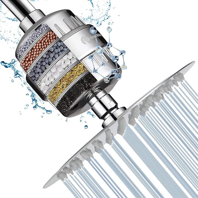 NearMoon Shower Head and 15 Stage Shower Filter Combo, High Pressure Filtered Shower for Hard Water, Improves the Condition of Your Skin, Hair (8 Inch, Chrome)