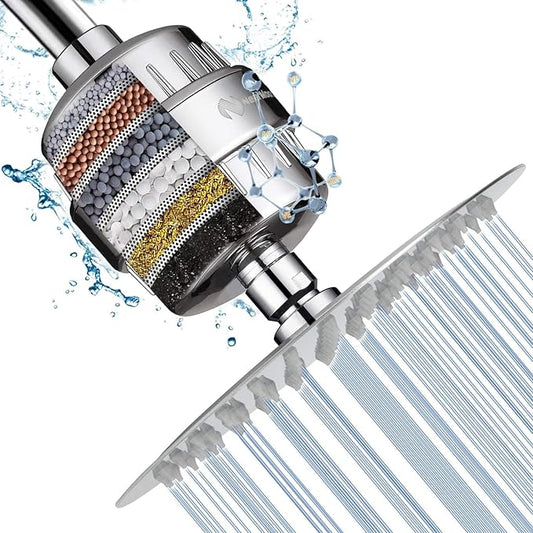NearMoon Shower Head and 15 Stage Shower Filter Combo, High Pressure Filtered Shower for Hard Water, Improves the Condition of Your Skin, Hair (8 Inch, Chrome)