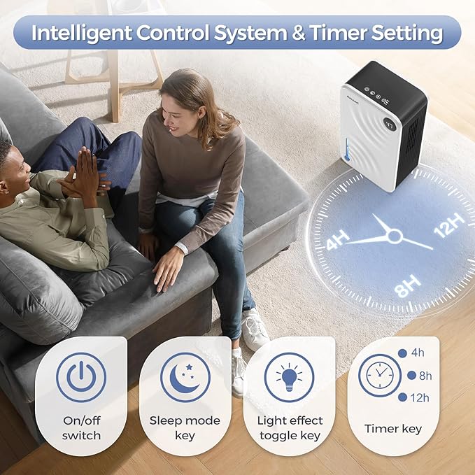 Dehumidifier, Dehumidifiers for Home (1000 sq.ft), 98 OZ Dehumidifier for Basement Bathroom Bedroom, Auto Shut Off Dehumidifiers, Timer Setting, Digital Display, Drain Hose, 7 Colors Light, White