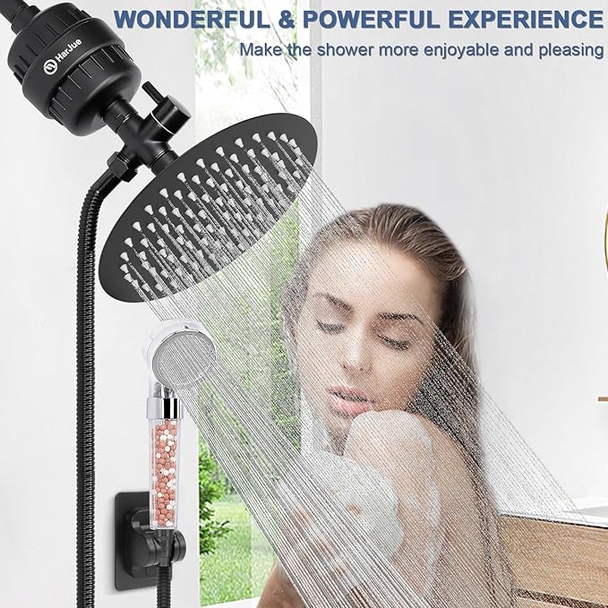 HarJue Filter Shower Head, High Pressure 8 Inch Rainfull with Filter Combo for Hard Water, Remove Chlorine Fluoride and Harmful Substances- 1 Replaceable Filter Cartridge (Round, Matte Black)