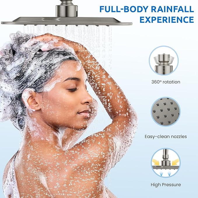 8" Dual Shower Head Combo, High Pressure Rainfall Shower Head with Handheld, 6 Spray Settings Angle Adjustable Handheld Shower Head with Pause, Height Adjustable, Brushed Nickel