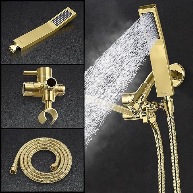 G-Promise All Metal 8 Inch Dual Square Shower Head with Handheld Spray Combo, Rain Shower Head, Adjustable Extension Arm, 3-Way Diverter, 71 Inch Extra Long Hose - A Bathroom Upgrade (Polished Brass)