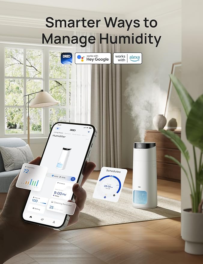 Dreo 16L Smart Humidifier Large Room 1000 ft², 130H Cool Mist Air Humidifiers for Bedroom Plants Baby, Top Fill, Remote/Touch/Voice & APP Control, Self-Cleaning Tank, 30dB, RGB Light, HM755S White