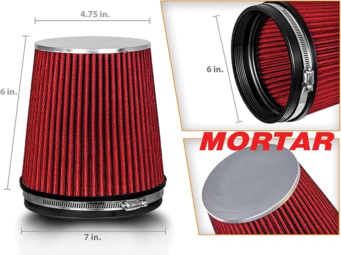 Mortar Aftermarket Auto Air Filter – 6 In Flange ID Car Enthusiast Class Universal Cold Air Intake Gulps in More Air for More Engine Power & Passionate Induction Sound, Length 6 In, Red