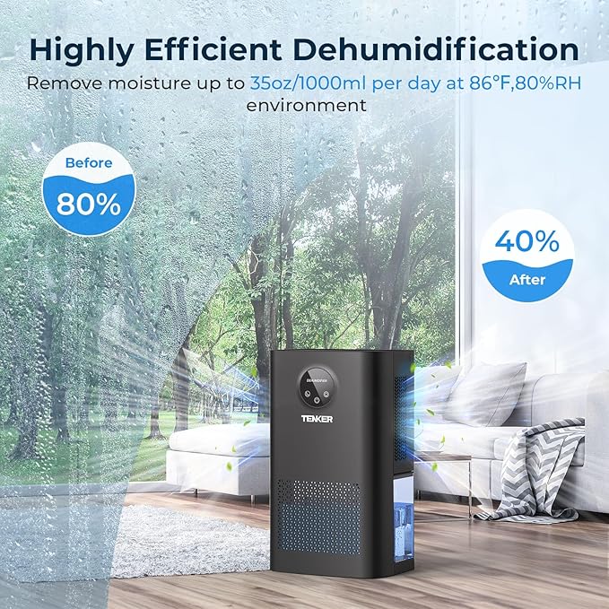 TENKER Dehumidifier for Home, 77 OZ Water Tank (800 sq.ft) Dehumidifiers, Quiet Dehumidifier with Sleep Mode, Auto Shut Off, 7-Color LED Light for Closet Bedroom Bathroom Basement RV, White (Black)