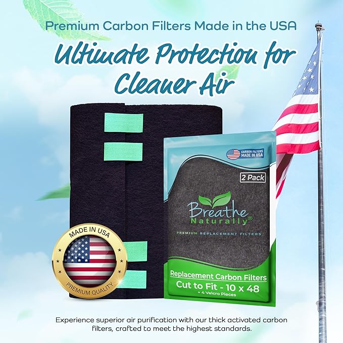 Breathe Naturally Universal Cut To Fit Carbon Activated Air Filter - Replacement Charcoal Filters - Pre Filter Carbon Sheet for Air Purifier, Vent Filters & More - Made in USA (Pack of 2, 10x48)