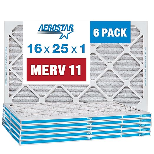 Aerostar 16x25x1 MERV 11 - 6 Count - Pleated HVAC, Furnace & Air Conditioner Filters - Removes Dust, Cold & Flu Germs, Lint, Mold, Pet Dander, Allergy-Causing Pollen, Smog & Smoke