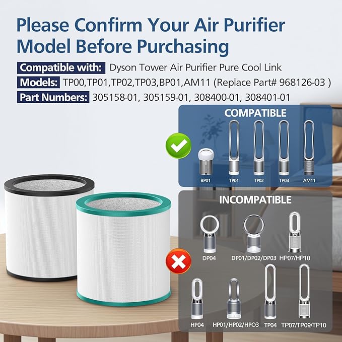 TP01 HEPA Replacement Filter Compatible with Dyson Tower Purifier Pure Cool Link TP01, TP02, TP03, AM11, BP01 Models, Replace Part 968126-03, 2 Pack (Green+Black)