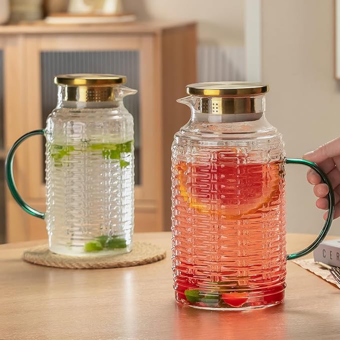 Glass Pitcher with Lid, 2 PACK 68 oz/2 Liter Vintage Water Pitcher, Clear Borosilicate Glass Water Carafe for Cold Brew, Coffee, Lemonade, Iced Sun Tea,Beverage, Milk, Heat Resistant
