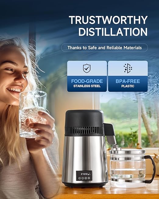 CO-Z 1.1 Gallon Water Distiller, 4L Countertop Distilled Water Machine with Timer Reservation and Glass Pot, 750W 304 Stainless Steel Distilled Water Maker for Home Office Drinking Water Purification