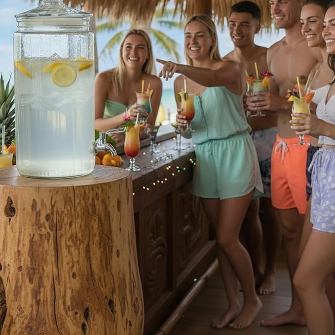 2 Gallon Glass Drink Dispenser with Spout for Parties - Tall Airtight Mason Style Beverage Serveware Stand with Metal Spigot for Kombucha, Water, Juice, Punch, Cocktails, Ice Tea & Sun Tea