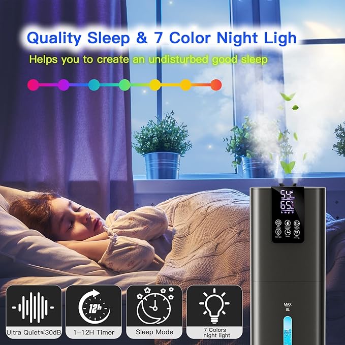 Smart Humidifiers Large Room Bedroom Home, 2.11Gal(8L) Quiet Top Fill Cool Mist Humidifier, Smart App & Remote Control, 3 Speed Humidifier with 360° Nozzle, Humidity Setting for Baby Office(Gray)