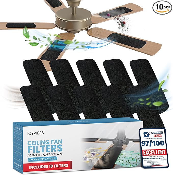 Premium Ceiling Fan Filters for Blades – 10 Pcs Activated Carbon Air Purifier Pads – Unscented Washable, Reusable, Coconut Shell Charcoal Dust Catcher Covers for Home Lighting, Colorfill Fan Extractor