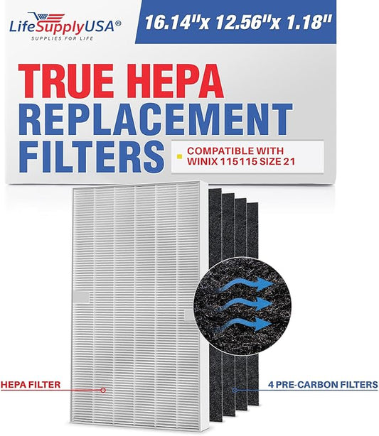115115 HEPA Filter A Replacement + 4 Carbon Pre-Filters for C535, 5300, 5300-2, 5500, 5500-2, 6300, 6300-2, P300, AM90, C909, 9800 For Winix Air Purifier Filter Replacement Size 21 by LifeSupplyUSA