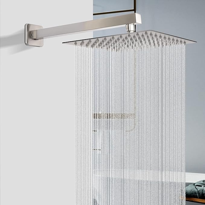 HarJue Shower Head with Extension Arm, High Pressure Square with ShowerArm, Stainless Steel Rainfall-Waterfall Full Body Coverage (10'' Shower with 16'' Arm, Brushed Nickel)