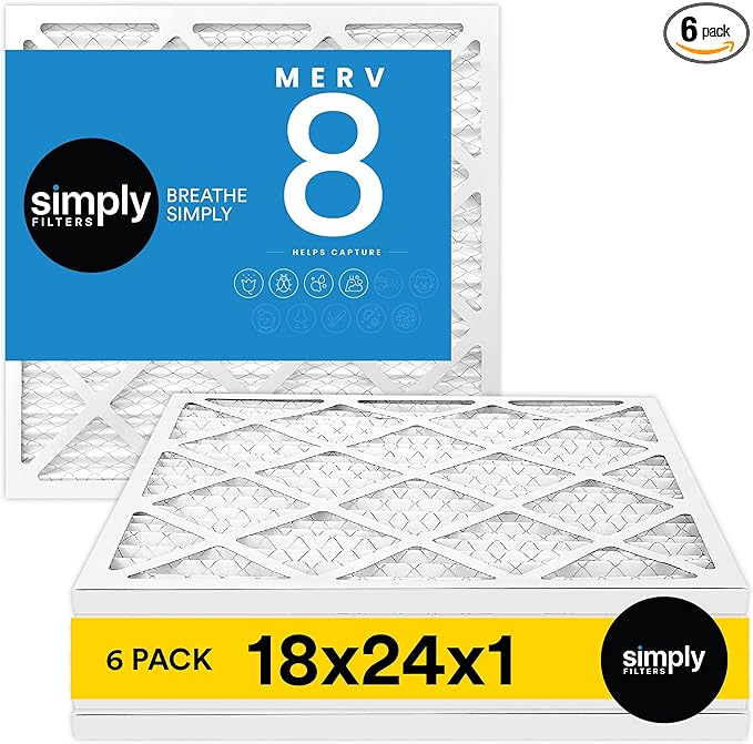 Simply 18x24x1 Air Filter, Merv 8, MPR 600, 6 Pack, For Home AC Furnace & HVAC (Actual Size: 17.75"x23.75"x0.75") DUST, Pet, & Allergy Control