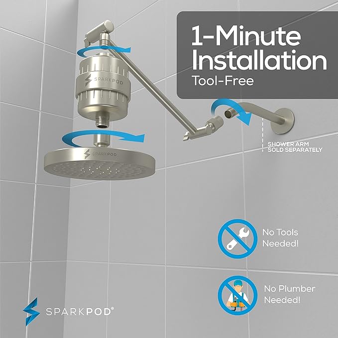 SparkPod 6" High Pressure Rain Shower Head with 23 Stage Filter Capsule & 11 Inch Adjustable Shower Arm Extension - Shower Filter Reduces Chlorine for Smoother Hair & Skin (Round, Brushed Nickel)