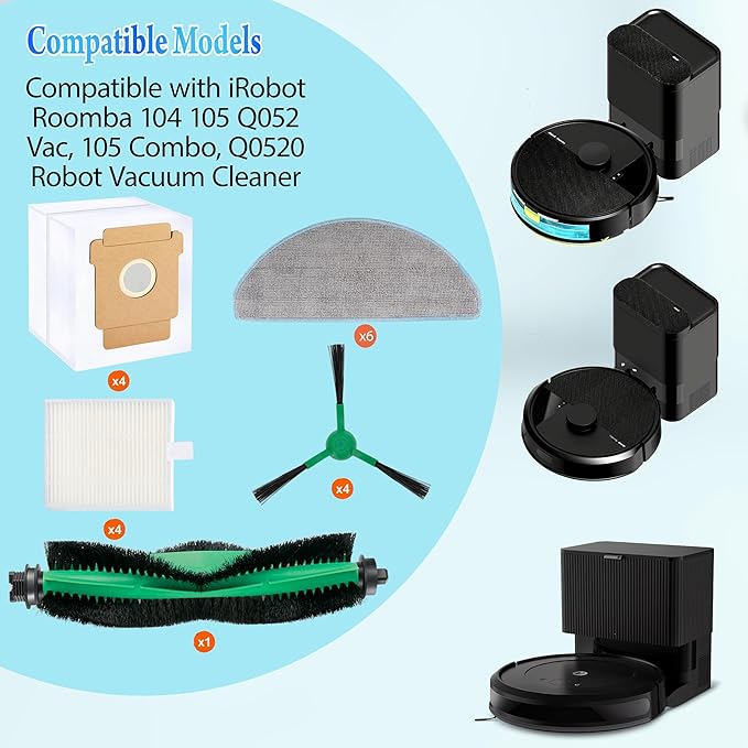 Replacement Parts Accessories for iRobot Roomba 104 105 Q052 Vac, 105 Combo, Q0520 Robot Vacuum Cleaner, 1 Main Brushes, 4 Filters, 4 Dust Bags, 6 Side Brushes, 4 Mop Pads
