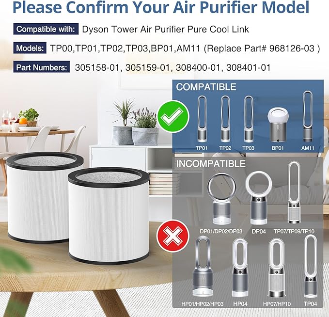 Upgraded TP01 Filter HEPA Replacement Filter Compatible with Dyson Tower Purifier Pure Cool Link TP01, TP02, TP03, AM11, BP01 Models, Compare to Part # 968126-03, 2 Pack